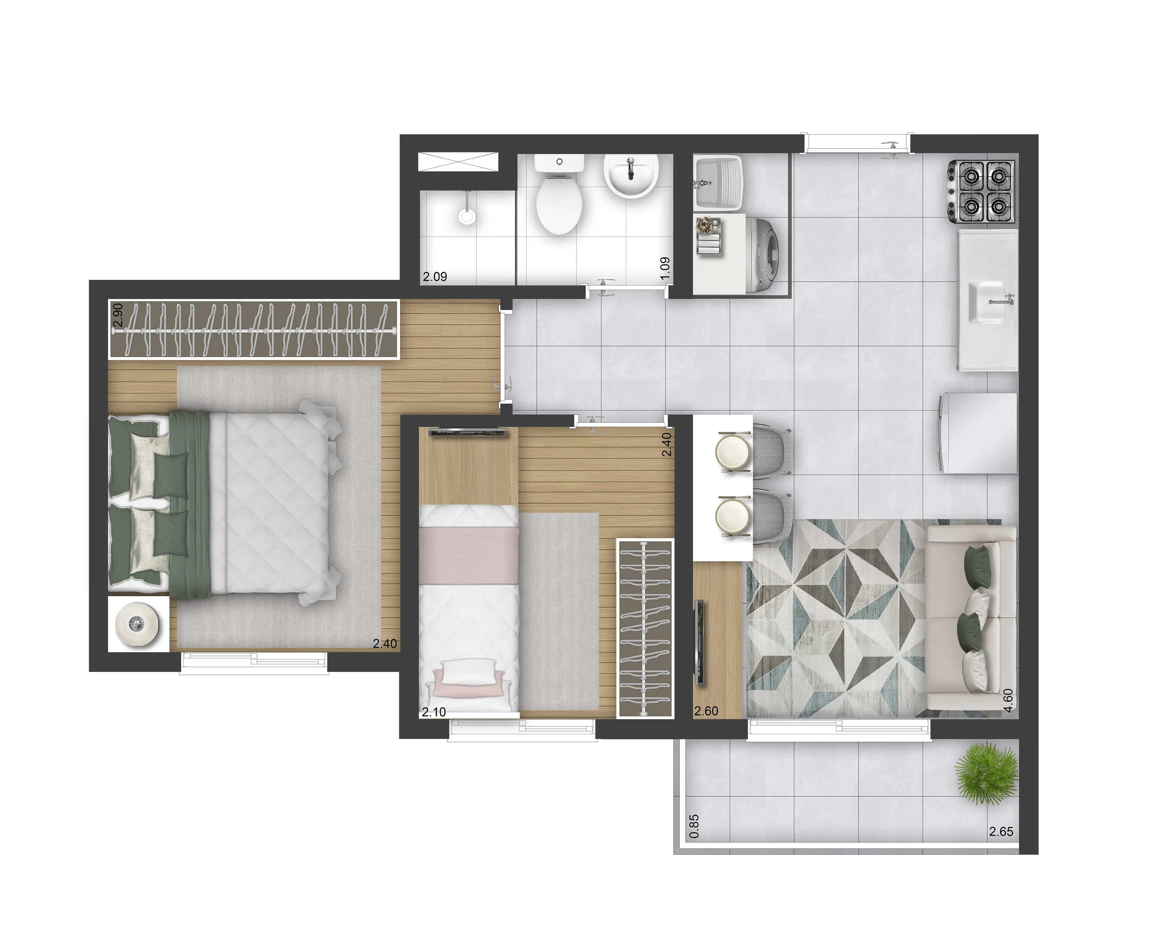 Planta 2 Dorms. - Térreo - Tipo 07 - Torres A, B e C - SAC